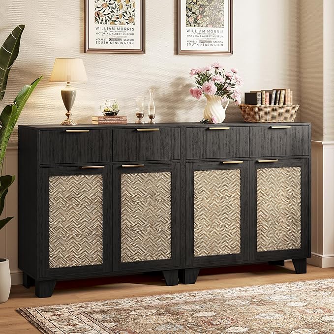 ONBRILL Sideboard Buffet Cabinet with 2 Drawers, Coffee Bar Cabinets with 2 Doors, Boho Farmhouse Accent Credenza Buffet Table Console Cabinet with Adjustable Shelves for Living Room, Entryway, Black