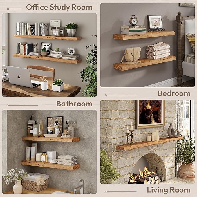Marsmiles 36 inch Floating Shelves for Wall Elm Wood Live Edge Shelves|Rustic Wall Shelves with Invisible Heavy-Duty Bracket for Bathroom Living Room Kitchen|Natural, 2 Pack