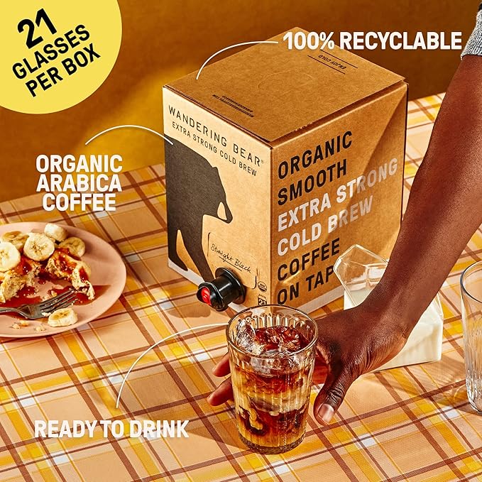 Wandering Bear Straight Black Organic Cold Brew Coffee On Tap, Iced Coffee Drink - Extra Strong, Bold, Smooth, No Sugar Added, Shelf-Stable, Ready to Drink, 100% Organic - 128 fl oz (1 gallon)