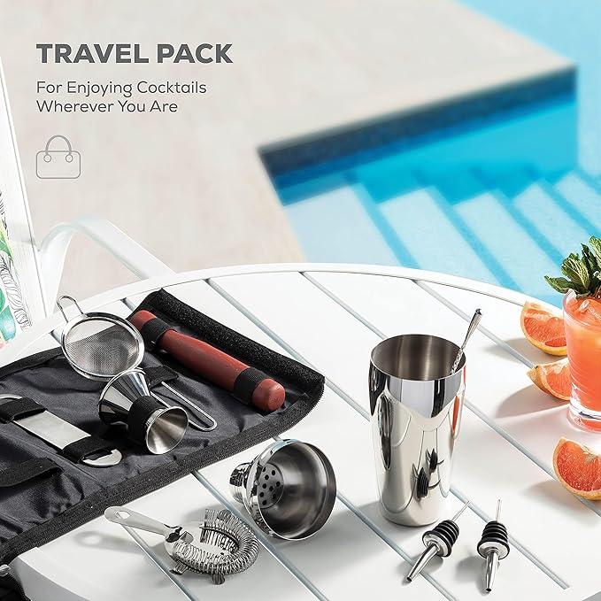 Bartender Kit & Cocktail Shaker – 10-Piece Stainless Steel Drink Mixer Set with Jigger, Strainer, Muddler & Bar Spoon, Travel Bag Included – Essential Home Bar Accessories