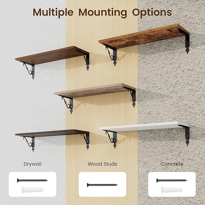 RICHFOCUS Floating Shelves for Wall Decor, 24Inch Shelves Set of 2, 24W x 8D Black Floating Shelves Wall Mounted with Metal Brackets, Rustic Wood Shelves for Living Room Bedroom Kitchen