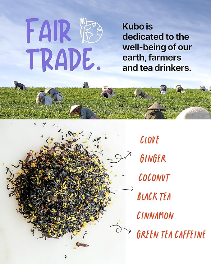 High Caffeine Tea (155 mg) - Kubo Tea: Organic Coconut Chai Black Tea Bags for Clean Energy & Focus | Healthy Coffee Substitute | Spiced Caffeine Blend | 20 Ct | Compostable Packaging