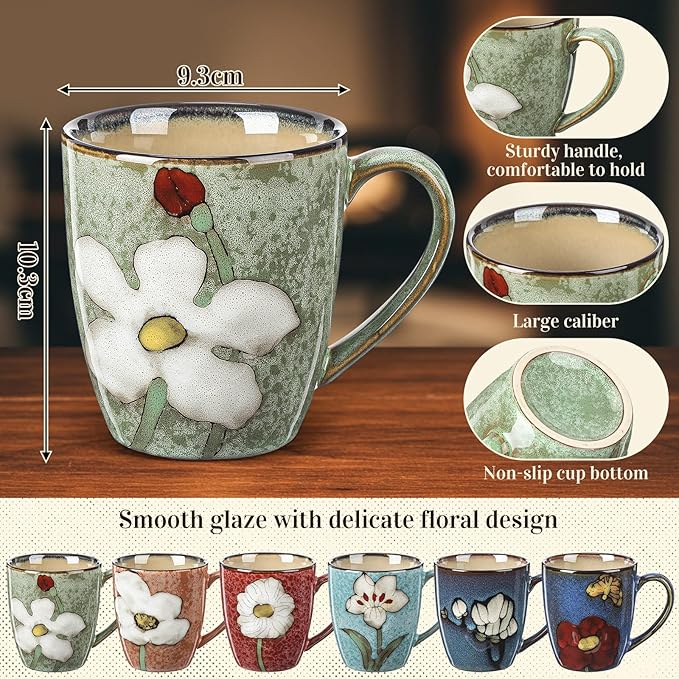 Maxdot 6 Pcs 12oz Ceramic Coffee Mugs Sets Glazing Process Cappuccino Mug Floral Ceramic Tea Cups Christmas Housewarming Idea Gift for Women Porcelain Cup for Coffee, Cocoa, Tea, Latte (Retro)