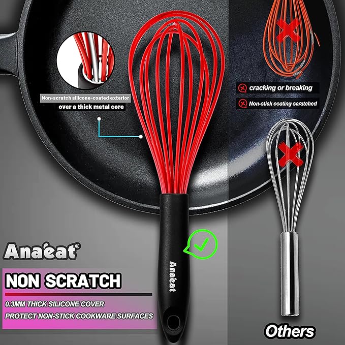 Anaeat Silicone Kitchen Whisk Set of 4, Perfect for Non-Stick Cookware, Milk and Egg Beater Blender for Whisking, Cooking, Baking, Beating - 11'' Flat Whisk and 9''+11''+12'' Balloon Whisks (Red)