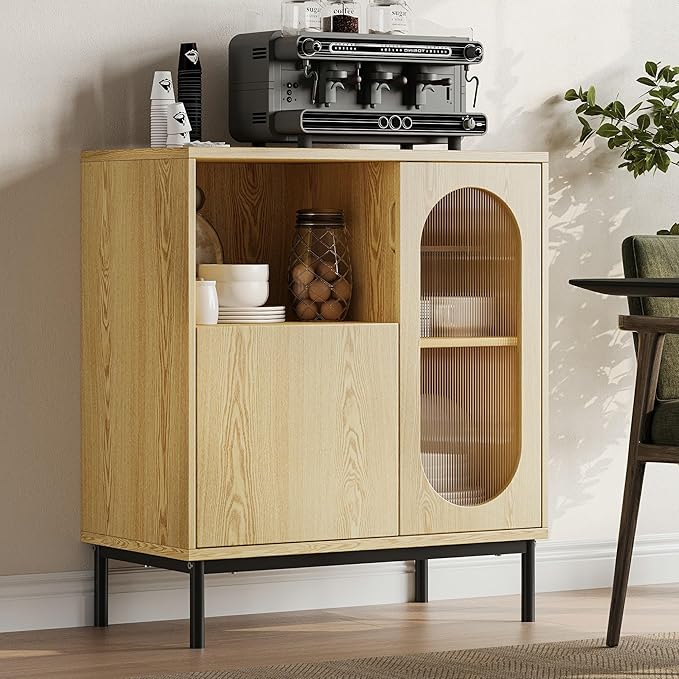 Sideboard Buffet Cabinet with Fluted Glass Doors and Adjustable Shelf, Wood Modern Accent Cabinet with Storage for Kitchen, Living Room, Entryway, Natural