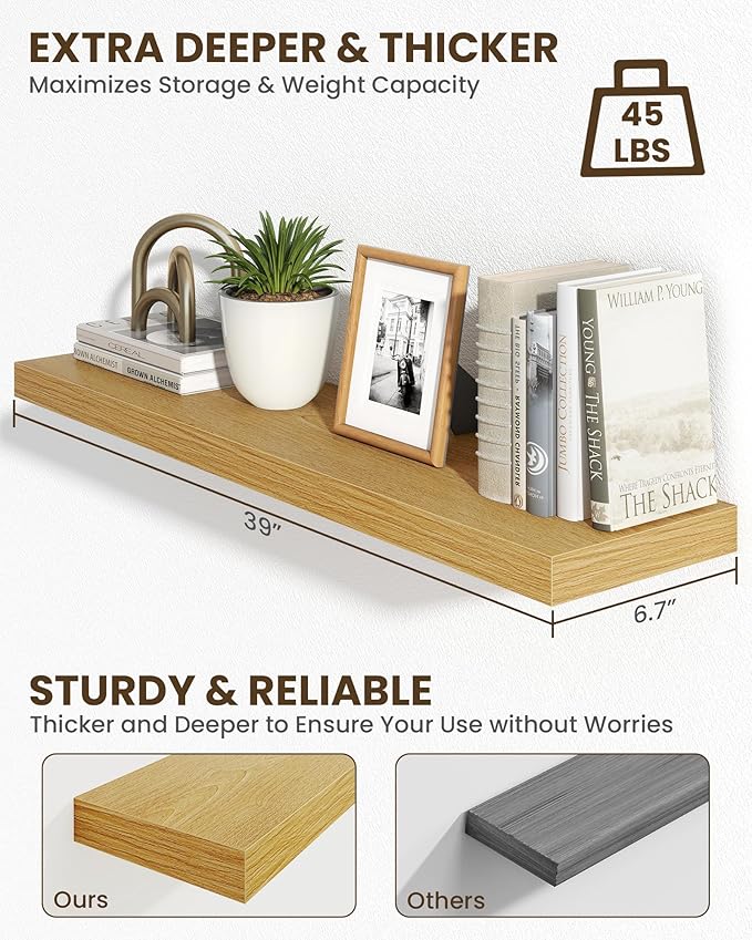Marsmiles 40" Floating Shelves for Wall, Wooden Shelves with Invisible Brackets Set of 2, Rustic Farmhouse Wall Mounted Shelf for Kitchen Bathroom Living Room Study, Natural Oak