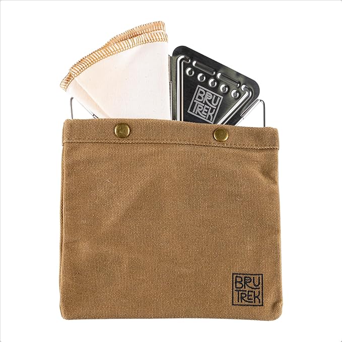 BruTrek Collapsible Pour Over Camping Coffee Maker - Stainless Steel Travel Brewing Kit, Reusable Cotton CoffeeSock Filters, Canvas Pouch Carrying Bag, Compact Packable Lightweight Design