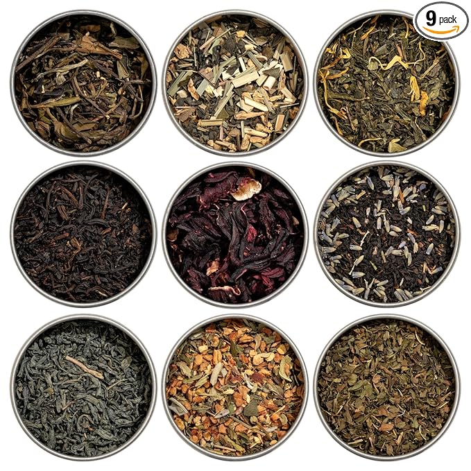 Heavenly Tea Leaves Organic Assorted 9 Loose Leaf Tea Gift Box (Approx. 90 Cups of Tea) - Sampler Set of 9 Teas & Herbal Tisanes, Great Hot or Iced, High to No Caffeine