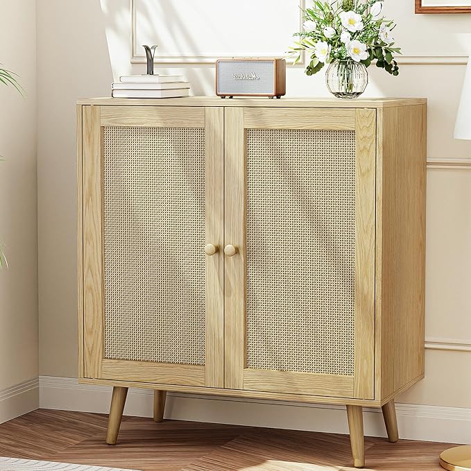 2 Door Rattan Storage Cabinet, Wood Kitchen Sideboard Buffet Console Table with Shelves for Living Room, Hallway, Kitchen, Oak