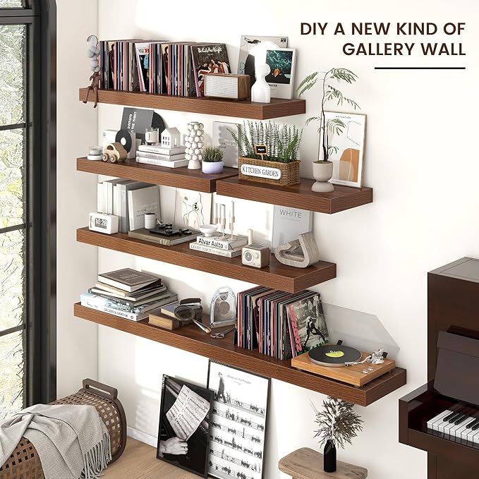 Floating Shelves for Wall, Engineered Wood Wall Shelves with Invisible Brackets for Living Room Bedroom Bathroom Office Kitchen Decor and Storage (Walnut, 48" W x 9" D x 1.5" H) Set of 2