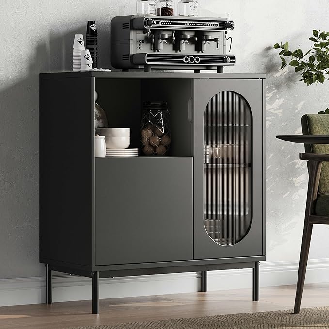 Sideboard Buffet Cabinet with Fluted Glass Doors and Adjustable Shelf, Wood Modern Accent Cabinet with Storage for Kitchen, Entryway, Living Room, Black