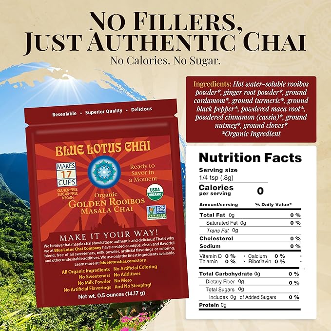 Blue Lotus Chai - Golden Rooibos Flavor Masala Chai - Makes 17 Cups - 0.5 Ounce Masala Spiced Chai Powder with Organic Spices - Instant Indian Tea No Steeping - No Gluten