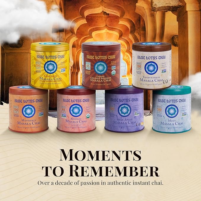 Blue Lotus Chai - Golden Rooibos Flavor Masala Chai - Makes 65 Cups - 2 Ounce Masala Spiced Chai Powder with Organic Spices - Instant Indian Tea No Steeping - No Gluten