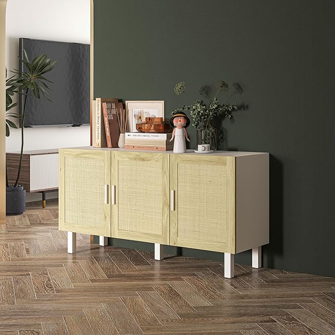 HOMCOM Boho Sideboard Buffet Cabinet, Coffee Bar Cabinet with 3 Rattan Doors and Adjustable Shelves for Kitchen, Living Room, White and Natural