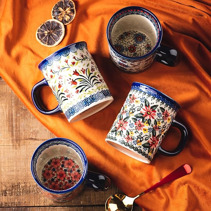 Ceramic Latte Mug Set of 4, 15.5oz Hand Painted Porcelain Coffee Cups With Big Handle - Modern,Retro Design For Any Kitchen. Microwave and Dishwasher Safe (The tulip)