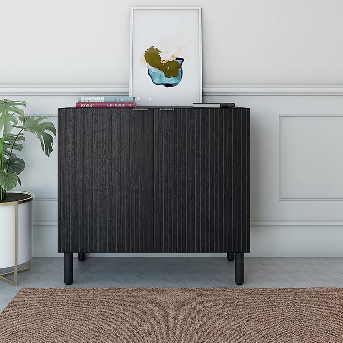 SANGO Merk 2-Door Cabinet, Modern Black Storage Cabinet with Vertical Groove Doors, Adjustable Shelf, Cylindrical Wood Legs, Discreet Metal Finger Pulls, Stylish Furniture for Living or Dining Room