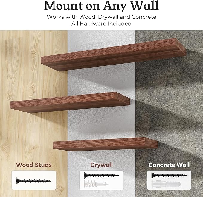 Floating Shelves for Wall, 9.3" Deep Wall Mounted Wood Shelves for Bathroom, Bedroom, Living Room, Kitchen, Hanging Shelf for Books/Storage/Room Decor (Walnut, 40")