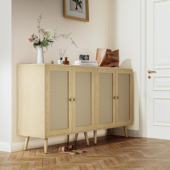 2 Door Rattan Storage Cabinet, Wood Kitchen Sideboard Buffet Console Table with Shelves for Living Room, Hallway, Kitchen, Oak