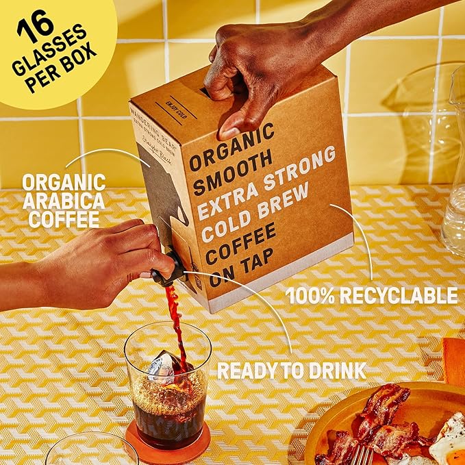 Wandering Bear Organic Caramel Cold Brew Coffee On Tap, Iced Coffee Drink - Extra Strong, Bold, Smooth, No Sugar Added, Shelf-Stable, Ready to Drink,Gluten Free & Vegan -16 Servings of 6fl.oz -96fl.oz