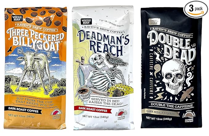 Raven's Brew Whole Bean Variety Pack - 3 Delicious Flavors - Three Peckered Billy Goat, Deadman's Reach and Double Dead - 12oz each