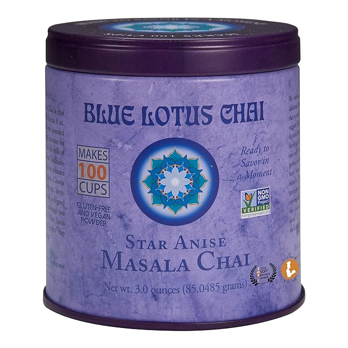 Blue Lotus Chai - Star Anise Masala Chai - Makes 100 Cups - 3 Ounce Masala Spiced Chai Powder with Organic Spices - Instant Indian Tea No Steeping - No Gluten