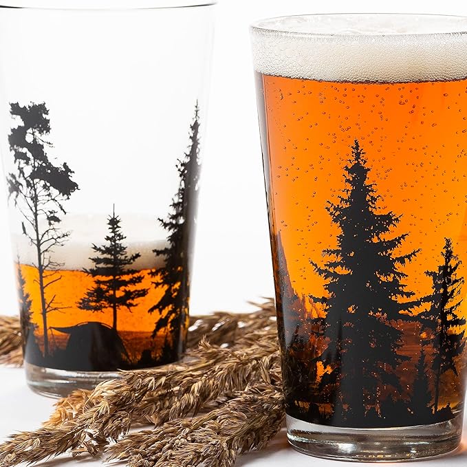 Black Lantern Nature Themed Pint Glasses Set of 2 – Pint Glasses in Unique Designs for Craft Beer Enthusiasts - (Set of Two 16oz. Glasses) - Beer Glasses for Nature Lovers (Mountain Camping)