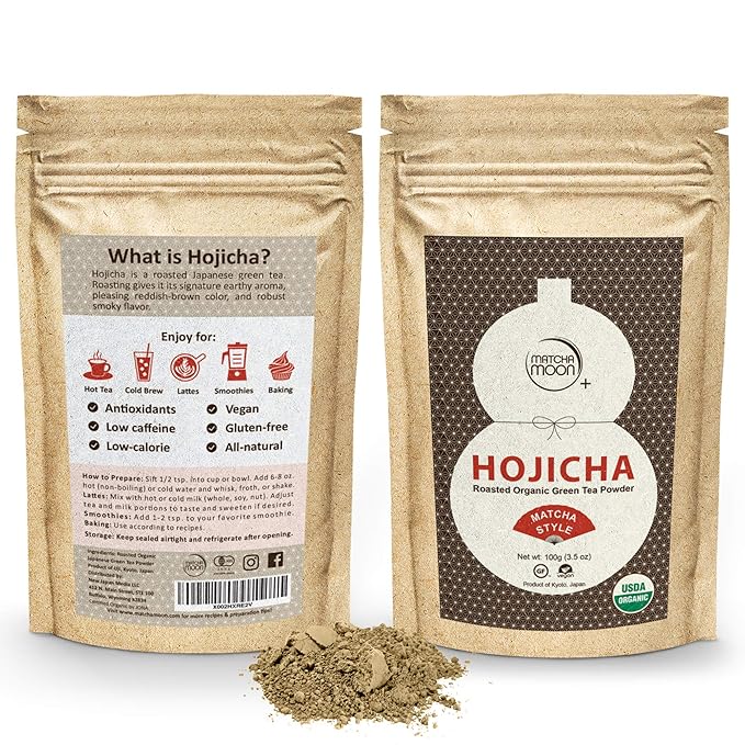 Matcha Moon Hojicha Powder Organic - Roasted Matcha Green Tea - Japanese Origin - Unsweetened, Low Caffeine - Uji Kyoto Japan - 100g Resealable Bag