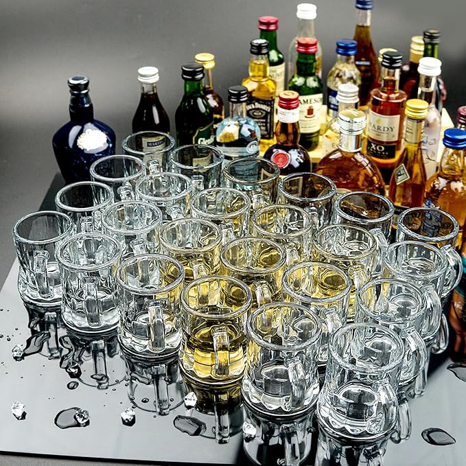 Mini Beer Mugs, 20 Pcs Real Glass Shot Glasses, 1 Oz Clear With Handles Heavy Base Stein Tasting Glasses for Whiskey, Tequila, Vodka