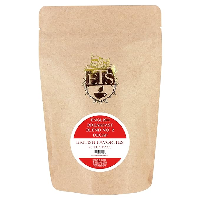 English Breakfast Tea Blend No 2 | CO2 Decaffeinated 25 Teabag Pouch | Bold Smooth Black Tea | Naturally Decaf Ceylon Tea for Morning or Iced Tea Enjoyment