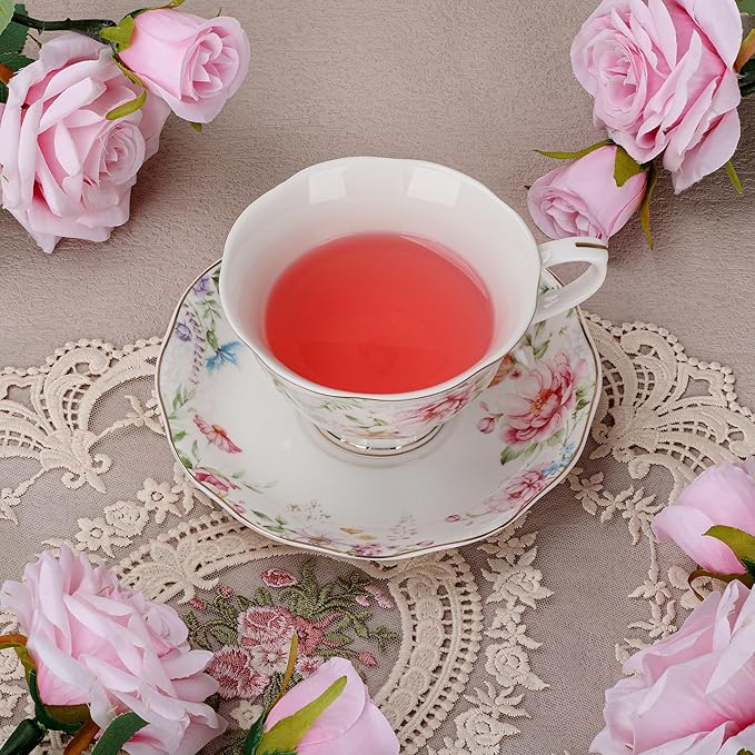 fanquare 7 oz Floral Tea Cup and Saucer Set for Afternoon Tea, British Style Porcelain Coffee Cup with Gold Trim for Home Party Gifting