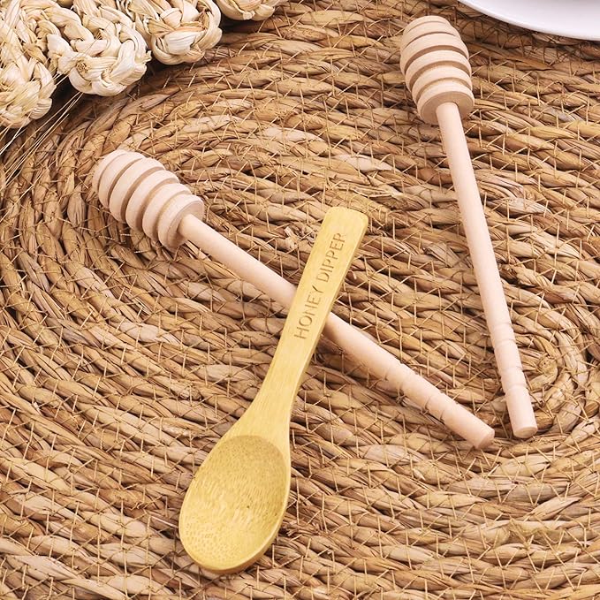 DESIOLE 4Pcs Wooden Honey Dipper Sticks Mini Honey Spoon, 6.3 Inch Honey Mixing Stirrer Comb Stick for Honey Jar Dispense Drizzle Honey Wedding Party
