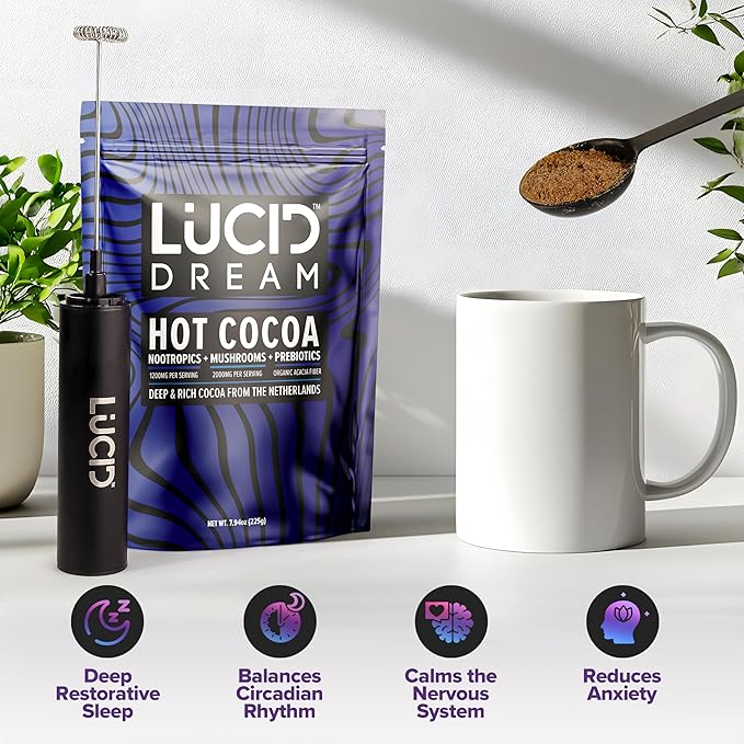 Lucid Dream Mushroom Hot Cocoa for Sleep -Dreamy Nighttime Blend with Adaptogens for Relaxation-Boosts Melatonin for Better Rest (7.94 Ounces, Chocolate)