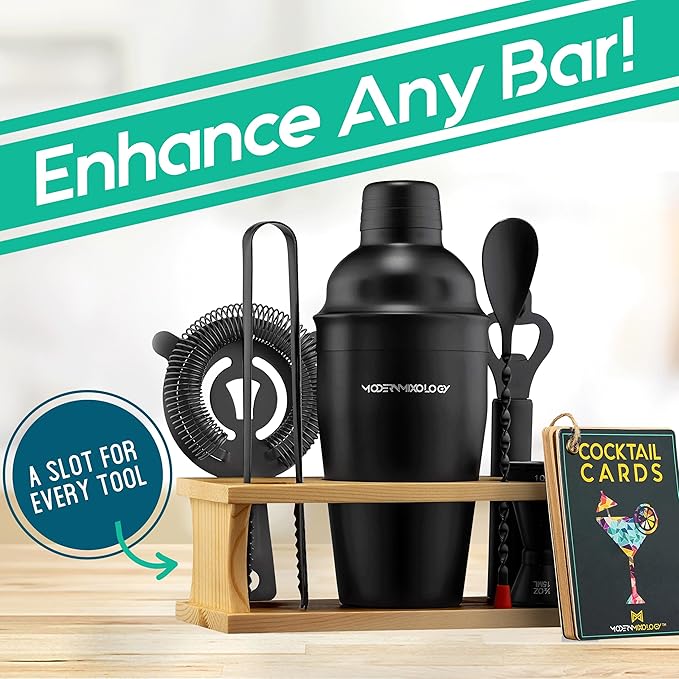Modern Mixology Cocktail Shaker Set - 8 Piece Bartender Kit with Martini Shaker and Popular Bar Accessories on Quality Pine Stand - Leak Proof Design (Black)