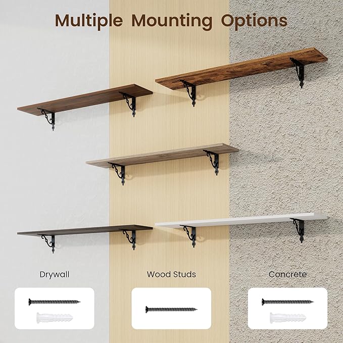 RICHFOCUS Floating Shelves for Wall Decor, 39.4W x 8D Shelves Set of 2, 8 Inch Deep Rustic Wood Shelves Wall Mounted with Brackets, Long Floating Shelves for Living Room Bedroom Kitchen, White