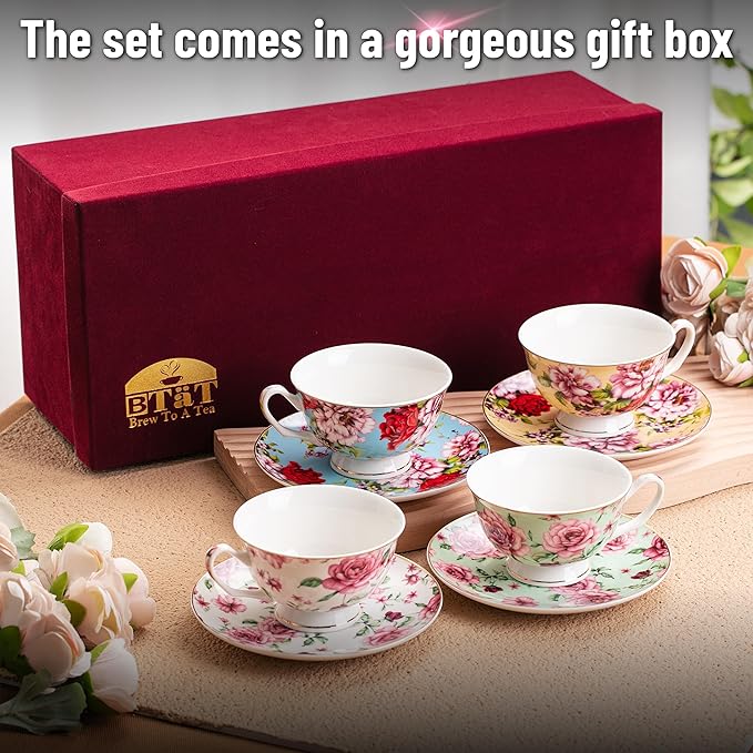 BTaT- Floral Tea Cups and Saucers with Gift Box, 8 oz, Tea Cups Set of 4, Christmas Gifts