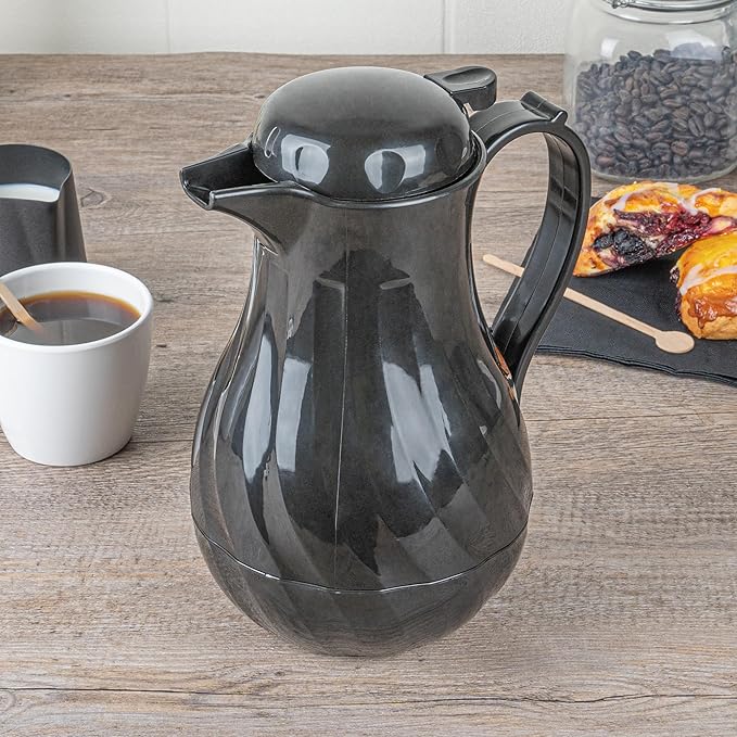 Restaurantware-Restpresso 42 Ounce Coffee Carafe, 1 Insulated Coffee Server - Push-Button Top, Swirl Design, Black Plastic Pitcher, Built-In Handle, With Identification Tags