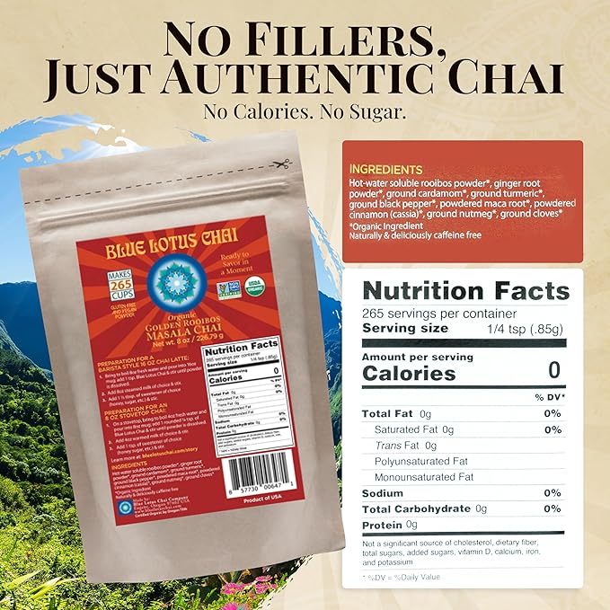 Blue Lotus Chai - Organic Golden Rooibos Masala Chai - Makes 265 Cups - 8oz Bag Masala Spiced Chai Powder with Organic Spices - Instant Indian Tea No Steeping - No Gluten