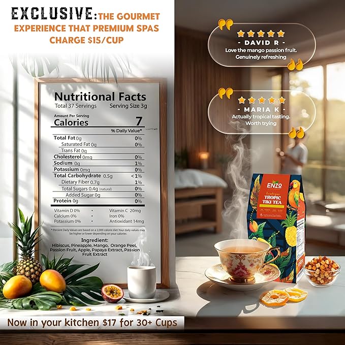 ENZO Tea Master Reserve - Tropical Tiki Tea (4oz) 7-Tropical-Fruit Blend for Afternoon Energy | Loose Leaf with Dried Mango Passion Fruit Pieces & Natural Fruit Essences