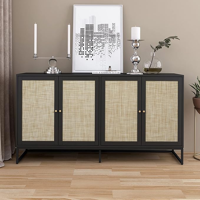 Modern Sideboard Cabinet, Accent Storage Cabinet with Rattan Doors and Adjustable Shelves, Freestanding Sideboard Storage Cabinet for Kitchen Dining Living Room Hallway Office (Black)