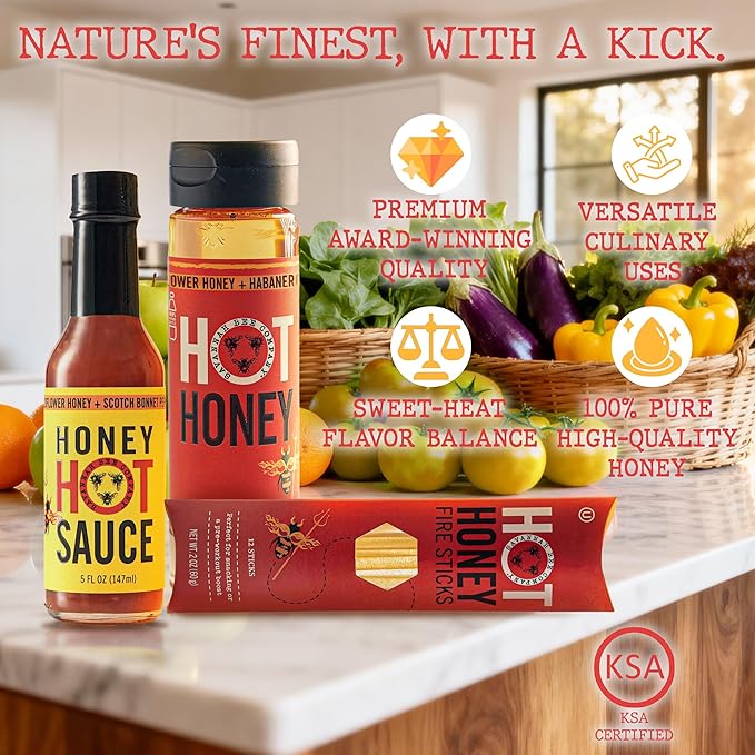 Savannah Bee Company Hot Honey Box Gift Set - Award-Winning Honey Collection - Includes Hot Honey, Sauce, and Fire Sticks - Perfect Gourmet Gift for Spice Lovers