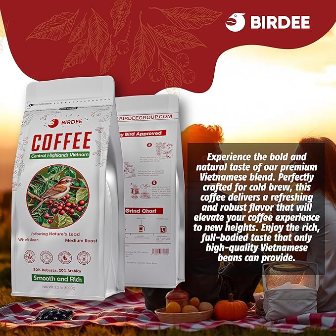 Birdee Vietnamese Coffee Beans - 2.2 LB, Whole Bean, Medium Roast, Robusta Arabica Blend, Strong Bold Flavor, Low Acidity, Fresh Resealable Bag, Ideal for Phin, Espresso, French Press, Cold Brew
