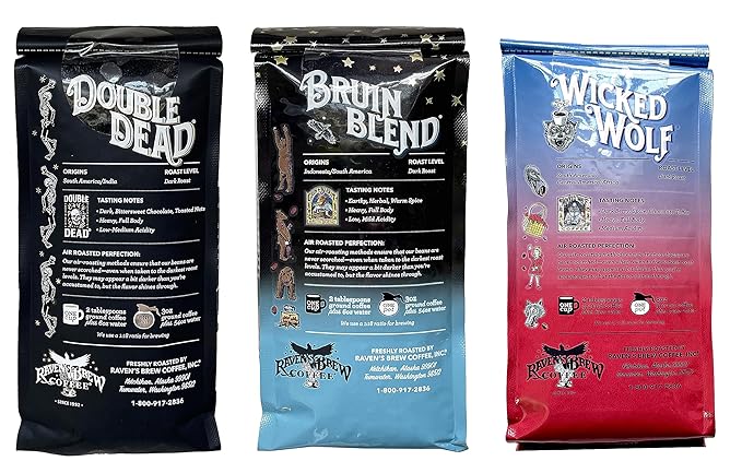 Raven's Brew Whole Bean Coffee Variety Pack - 3 Delicious Flavors - Double Dead, Bruin Blend and Wicked Wolf - 12oz each