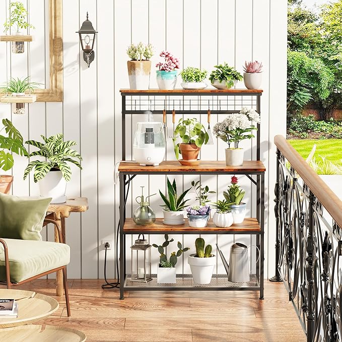 Furologee Kitchen Bakers Rack with Power Outlet,Coffee Stand with Storage 4 Tiers,Coffee Bar Station with a 31.5 Inch Larger Desktop and 8 S Hooks,Kitchen Microwave Rack for Spices,Pots,Rustic Brown