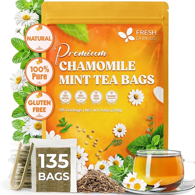 FreshDrinkUS, Chamomile Mint Tea Bags | 135 Count | Refreshing Herbal Blend of Chamomile Flower, Peppermint, Lemon Balm & other herbs – Smooth Floral & Minty Flavor – Premium Quality, Caffeine-Free