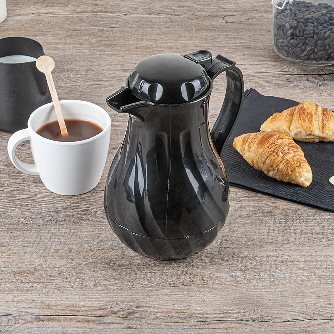 Restaurantware-Restpresso 20 Ounce Coffee Carafe, 1 Insulated Coffee Server - Push-Button Top, Swirl Design, Black Plastic Pitcher, Built-In Handle, With Identification Tags