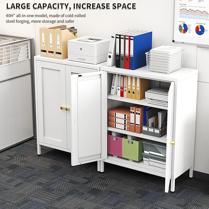 White Metal Storage Cabinet with 2 Doors - 31.5''H Bathroom Floor Storage Cabinet, 3 Tier Locker with Adjustable Shelves, Bathroom Cabinet for Office, Home, Living Room, Kitchen