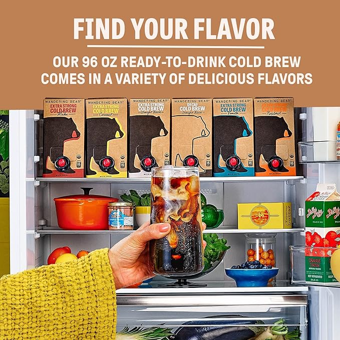 Wandering Bear Decaf Cold Brew Coffee On Tap, Iced Coffee Drink - Bold, Smooth, No Sugar Added, Shelf-Stable, Ready to Drink, Gluten Free & Vegan Decaf - 16 Servings of 6fl.oz - 96fl.oz