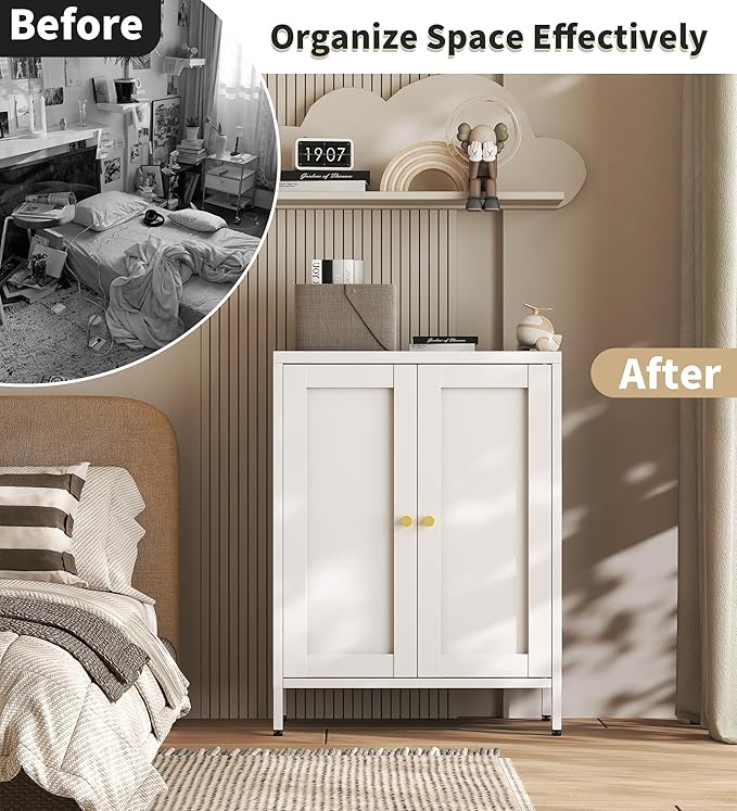 White Metal Storage Cabinet with 2 Doors - 31.5''H Bathroom Floor Storage Cabinet, 3 Tier Locker with Adjustable Shelves, Bathroom Cabinet for Office, Home, Living Room, Kitchen
