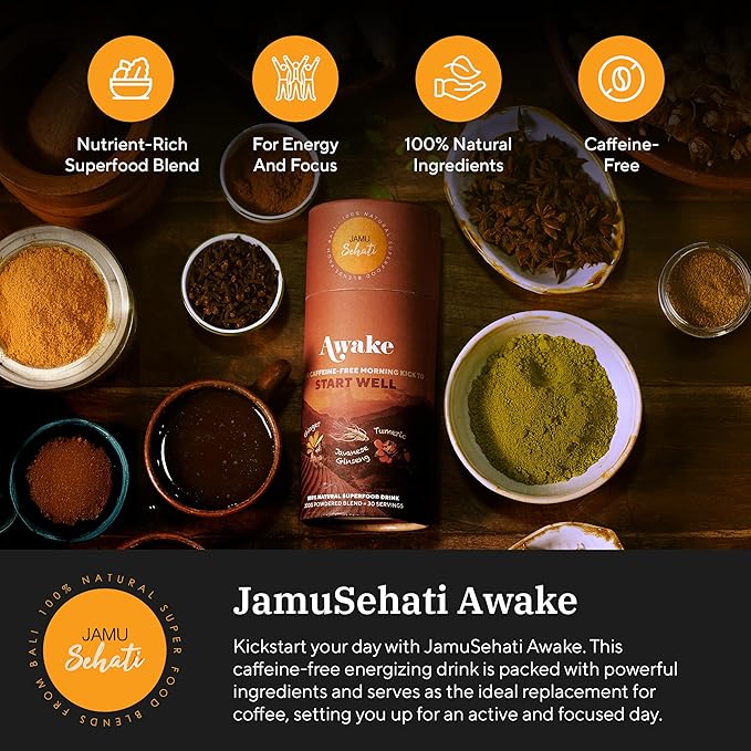 JAMUSEHATI Awake, Caffeine-Free Morning Kick, Natural Superfoods Blend from Bali, Containing Ginger, Turmeric and Javanese Ginseng, Cylinder (300g)