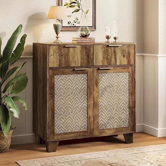 ONBRILL Sideboard Buffet Cabinet with 2 Drawers, Coffee Bar Cabinets with 2 Doors, Boho Farmhouse Accent Credenza Buffet Table Console Cabinet with Adjustable Shelves for Living Room, Entryway, Brown